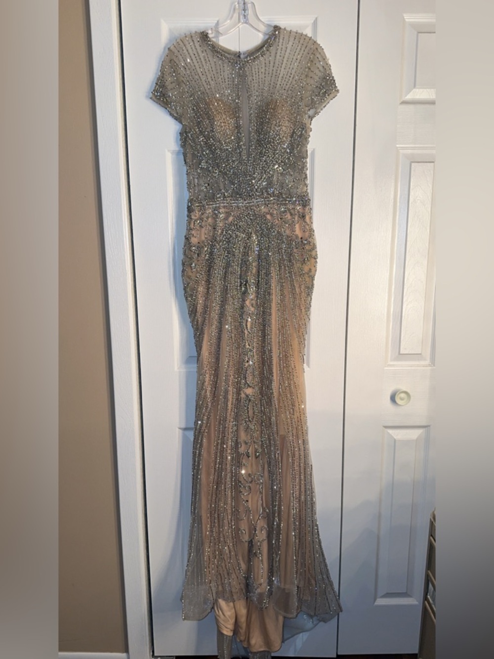 Embellished Silver Beaded Evening Gown - Women Dresses